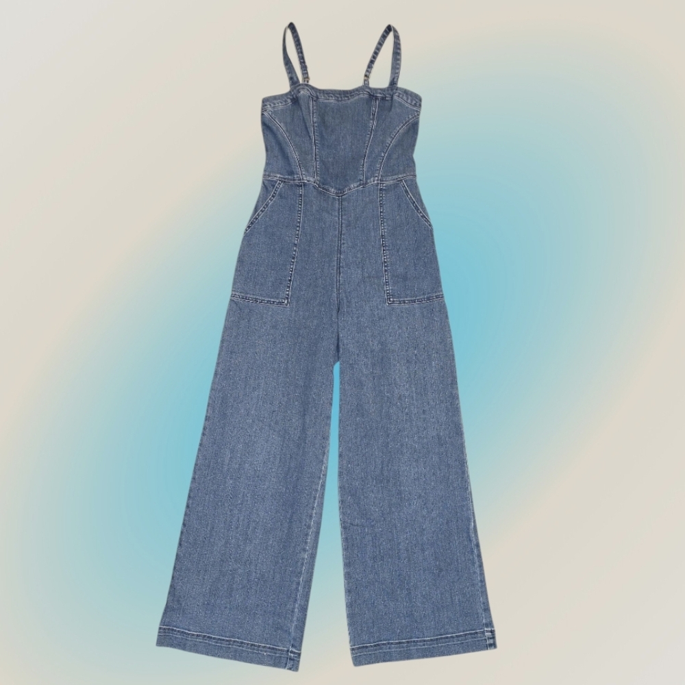 Hollister Retro Smocked Back Pull-On Denim Jumpsuit